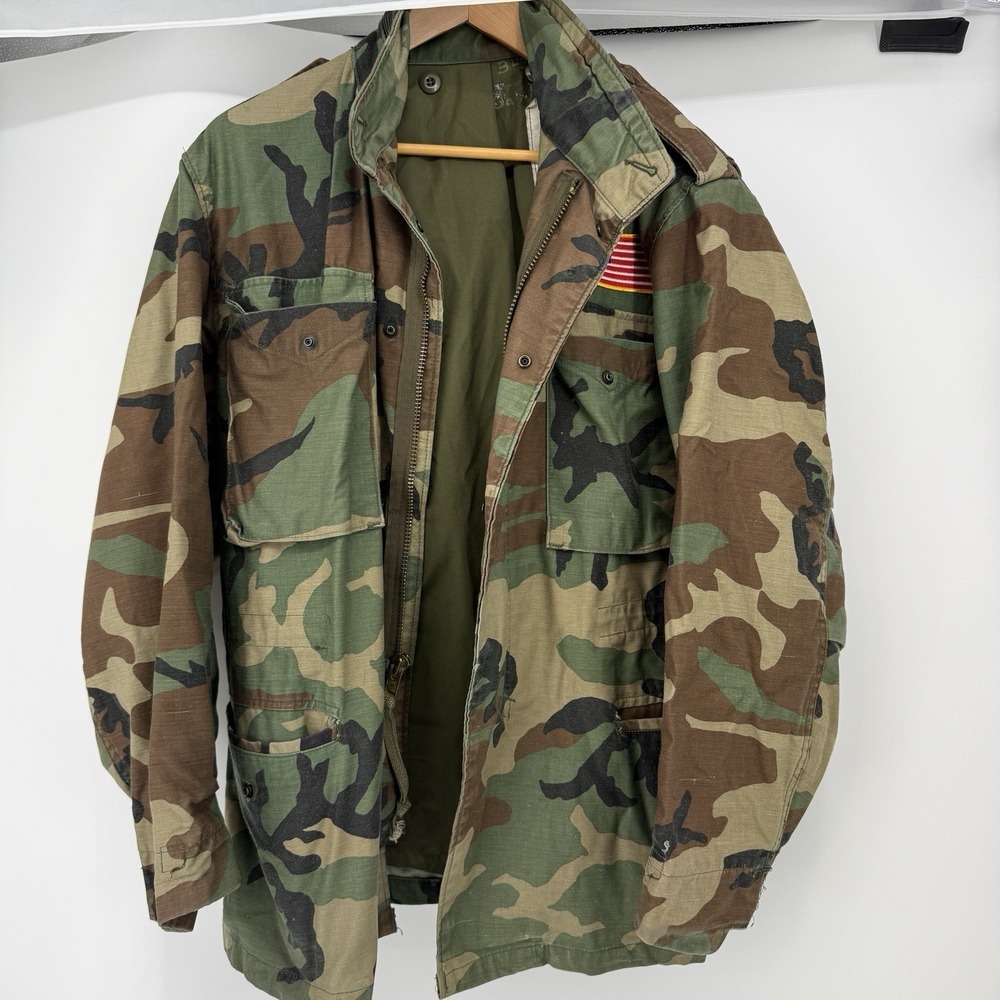 US ARMY 80's M-65 Cold‎ Weather Woodland Camouflage Field Jacket w/Liner-Sz Med